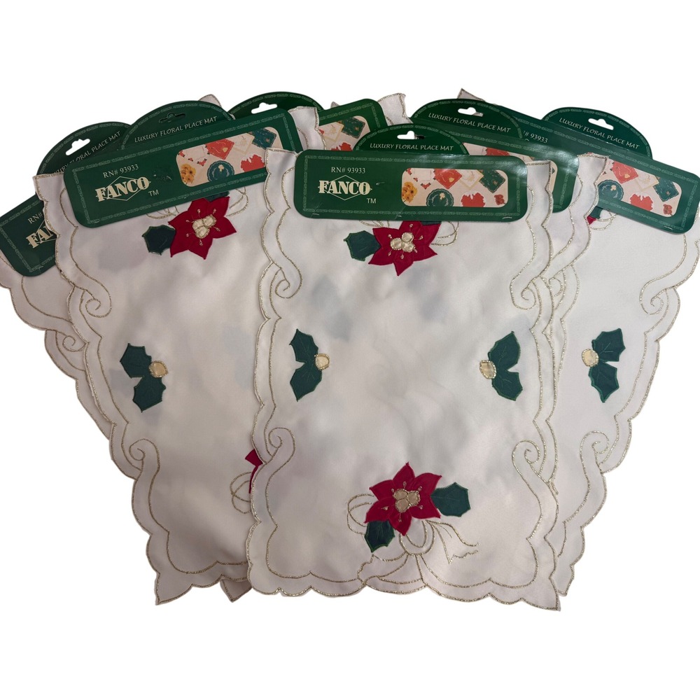 Fanco SET of 6 Christmas Poinsettia Embroidered Placemats White Gold Scalloped
